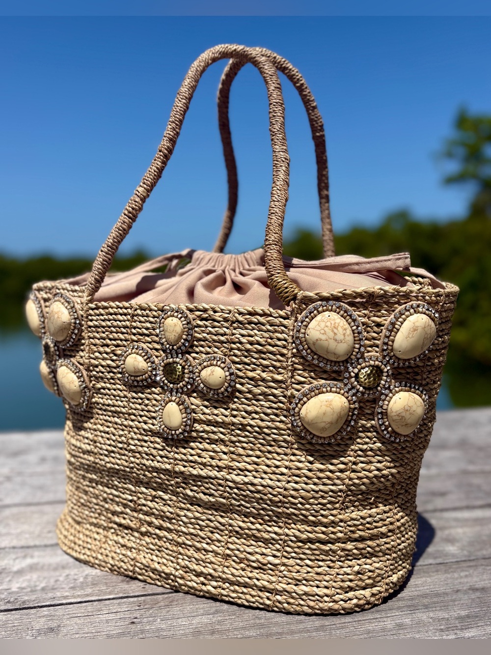 Skēmo Large Woven Straw Bag Luxury Stones Bling Double Handle Tote Designer Rare - Picture 6 of 15